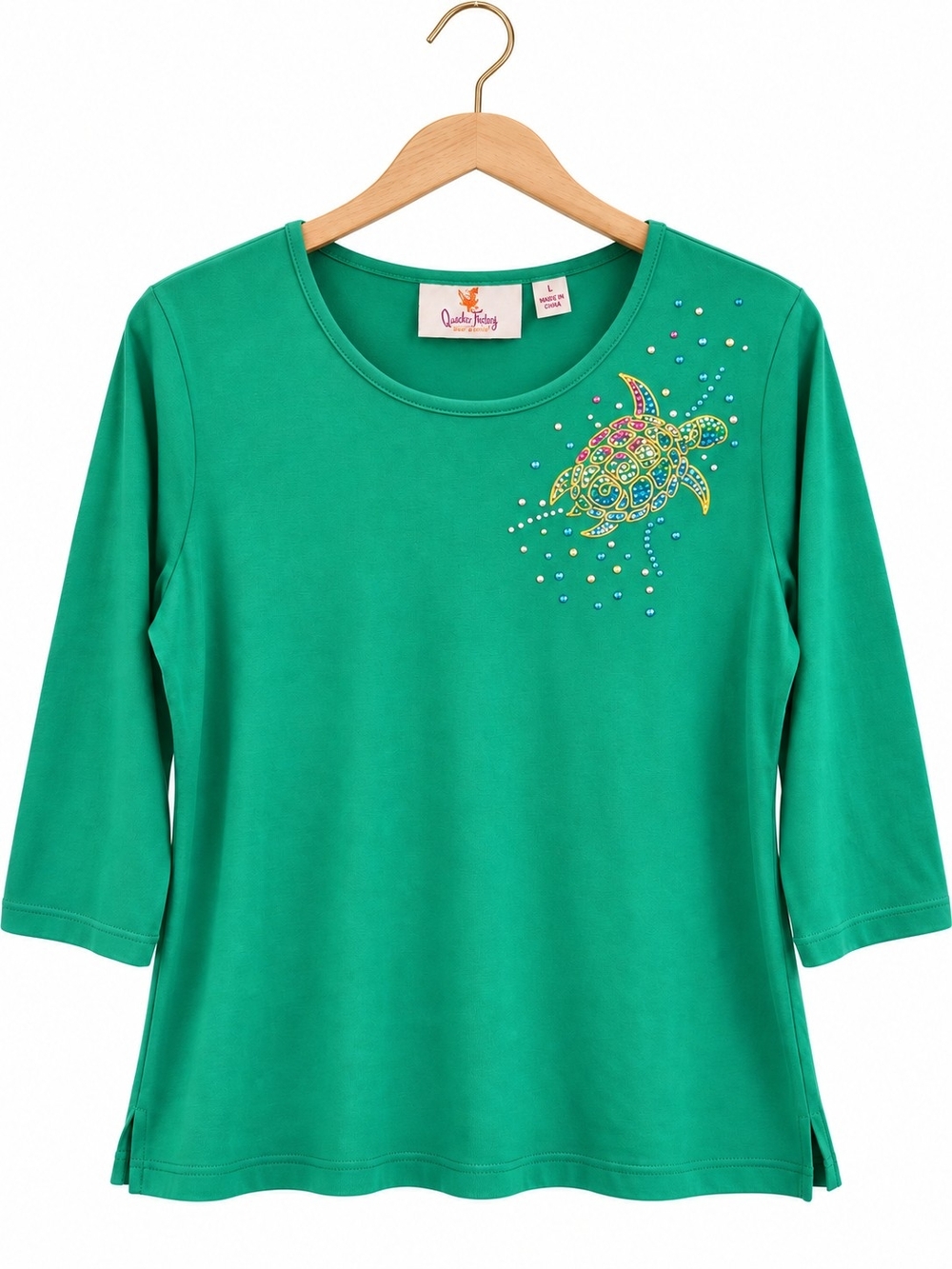 Green Sea Turtle Rhinestone 3/4 Sleeve Cotton Top L Coastal Beach Lagonlook